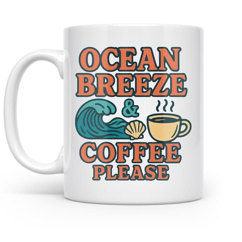 Tailorly White Ceramic 11 oz Mug - Ocean Breeze Coffee Please Retro Stylized Rolling Blue Wave With Shell And Steaming Coffee Mug
