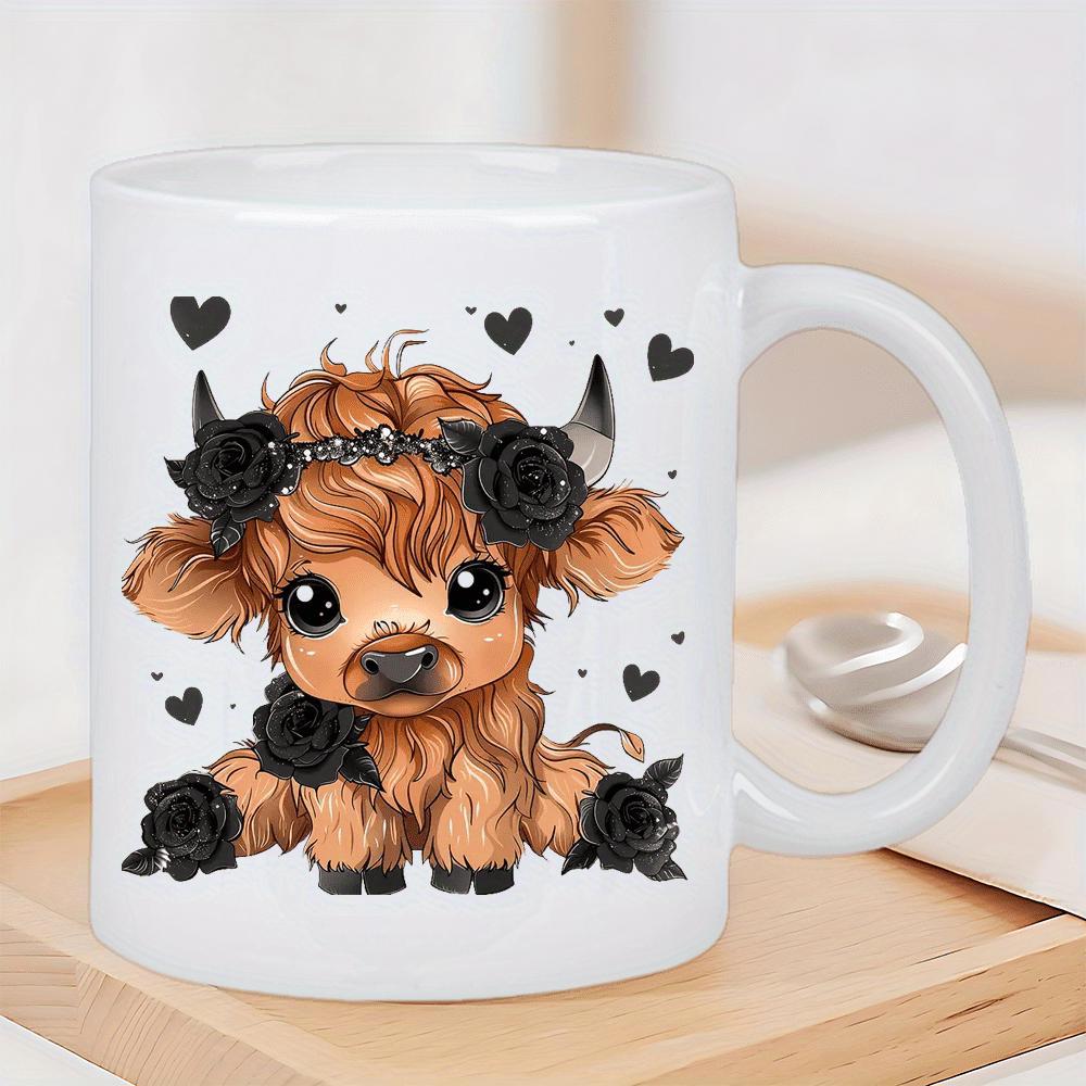 Tailorly White Ceramic 11 oz Mug - Adorable Furry Creature Decorated With Elegant Black Roses And Floating Hearts Highland Cow