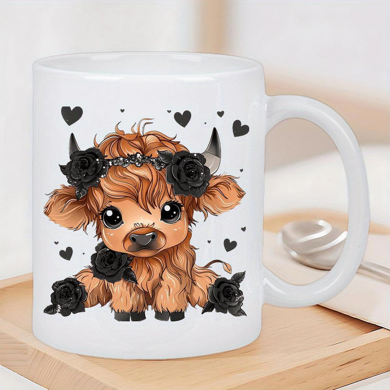 Tailorly White Ceramic 11 oz Mug - Adorable Furry Creature Decorated With Elegant Black Roses And Floating Hearts Highland Cow