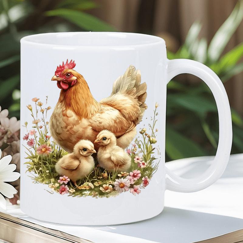 Tailorly White Ceramic 11 oz Mug - Beautiful Mother Hen Standing With Tiny Chicks Amidst Wildflowers Chicken