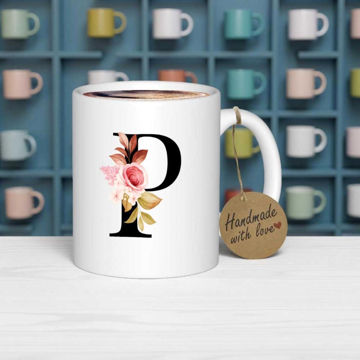 Tailorly White Ceramic 11 oz Mug - Handmade With Love Elegant Black Letter P Adorned With Soft Pink Roses And Green Leaves Initial