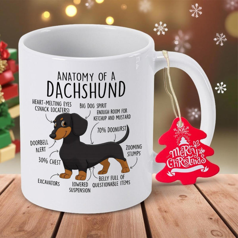 Tailorly White Ceramic 11 oz Mug - Anatomy Of A Dachshund Detailed Humorous Diagram With Cute Black Tan Puppy Dachshund