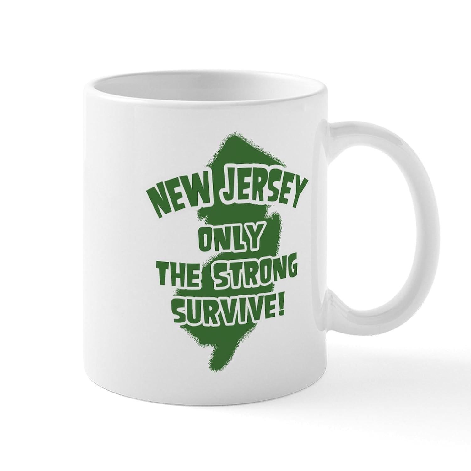 Tailorly White Ceramic 11 oz Mug - New Jersey Only The Strong Survive Bold Green Text Over Rough Textured State Map Silhouette