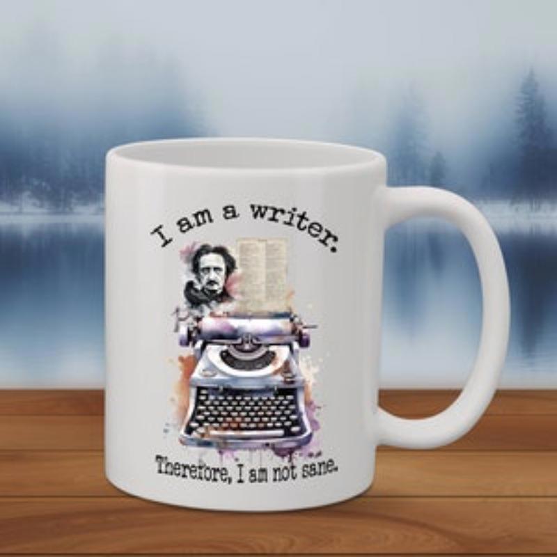 Tailorly White Ceramic 11 oz Mug - I Am A Writer Therefore I Am Not Sane Classic Vintage Manual Typewriter Featuring Artistic Ink Splashes And Author Portrait