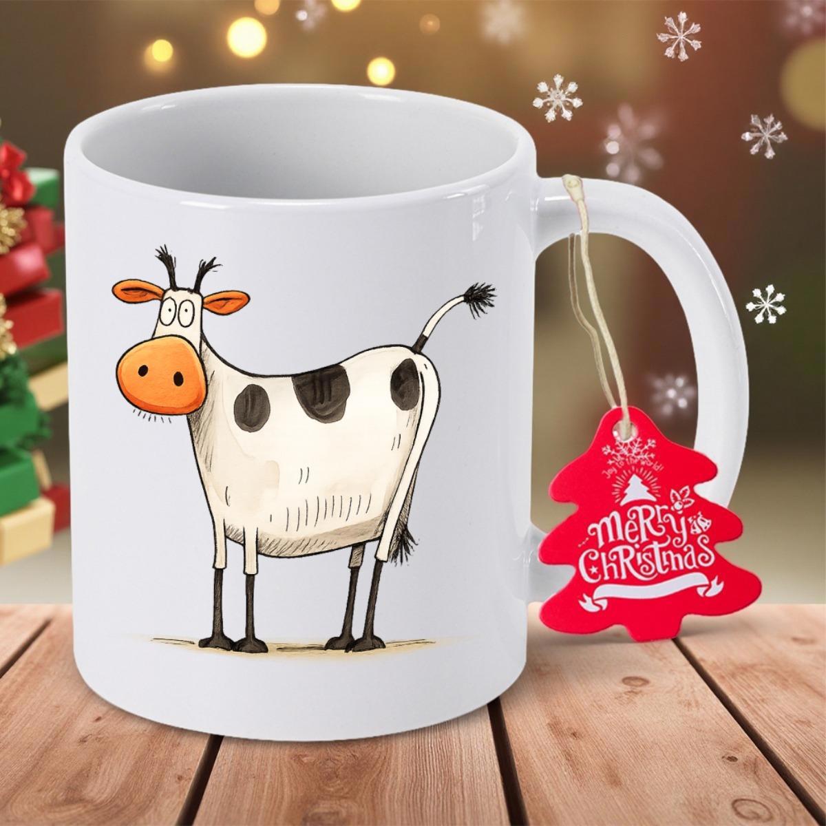 Tailorly White Ceramic 11 oz Mug - Merry Christmas Funny Cartoon Spotted Cow Standing On Wooden Table With Holiday Atmosphere Cow