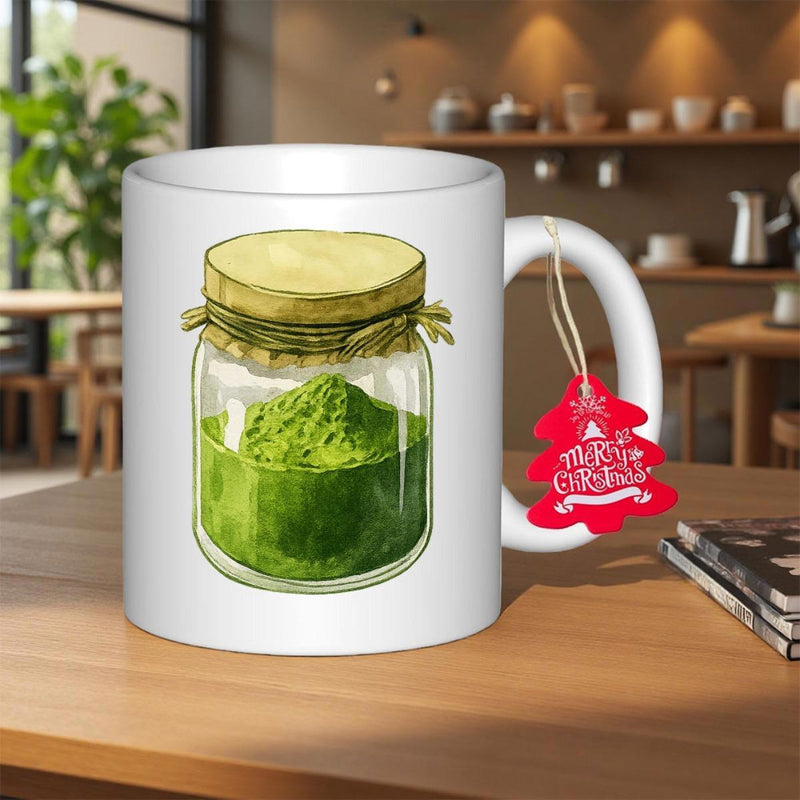 Tailorly White Ceramic 11 oz Mug - Realistic Watercolor Style Organic Green Matcha Powder Inside Glass Sealed Jar