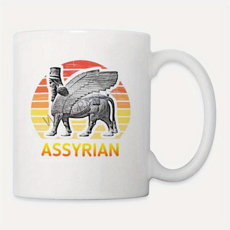 Tailorly White Ceramic 11 oz Mug - Assyrian Vintage Retro Sunset Background With Ancient Winged Protective Lamassu