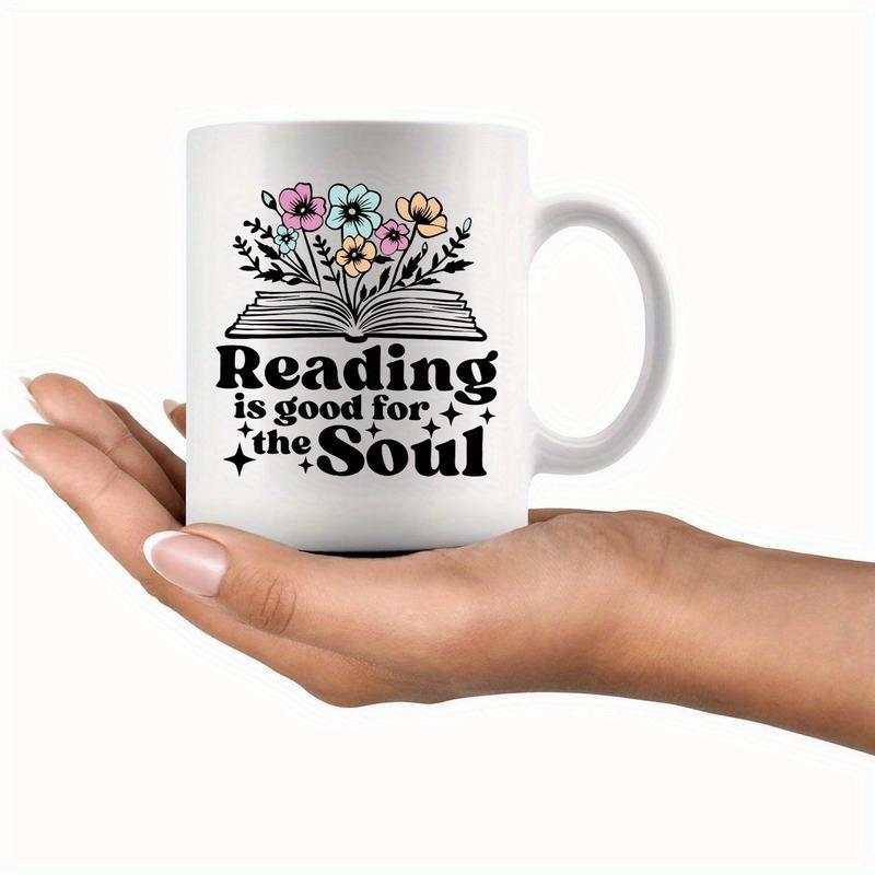 Tailorly White Ceramic 11 oz Mug - Reading Is Good For The Soul Blooming Colorful Wildflowers Growing From An Open Artistic Line Drawing Book