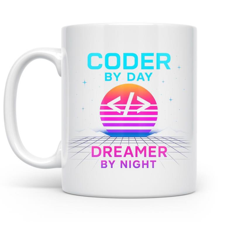 Tailorly White Ceramic 11 oz Mug - Coder By Day Dreamer By Night Retro Gradient Synthwave Landscape With Perspective Digital Grid Sun