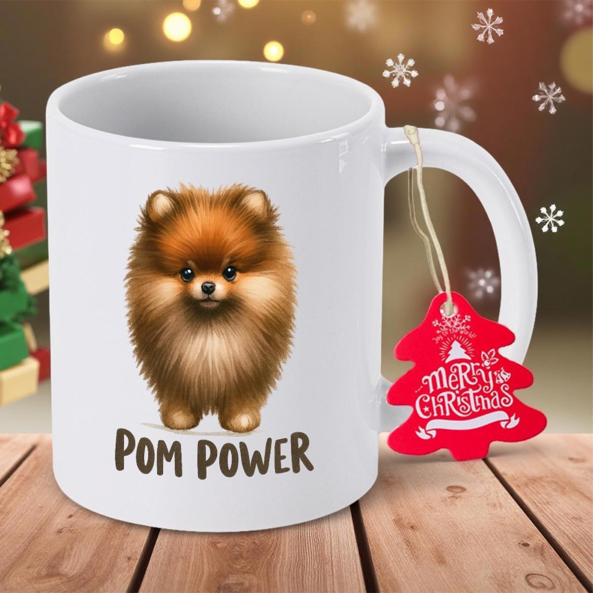 Tailorly White Ceramic 11 oz Mug - Pom Power Fluffy Brown Pomeranian Dog Sitting Calmly Against A Soft Blurred Backdrop Pomeranian