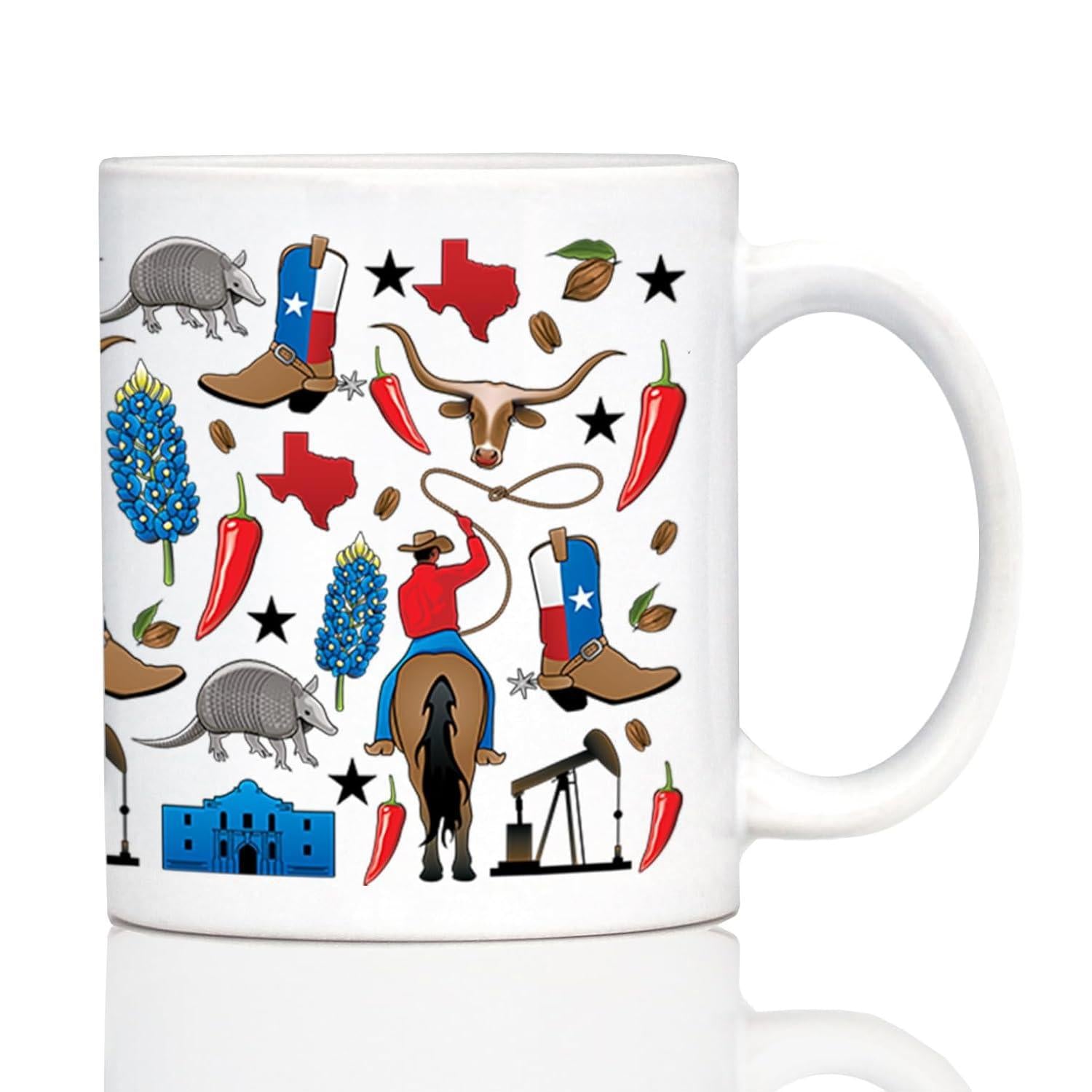 Tailorly White Ceramic 11 oz Mug - Western Texas Heritage Icons With Cowboy Boots Longhorn And Lone Star Pattern