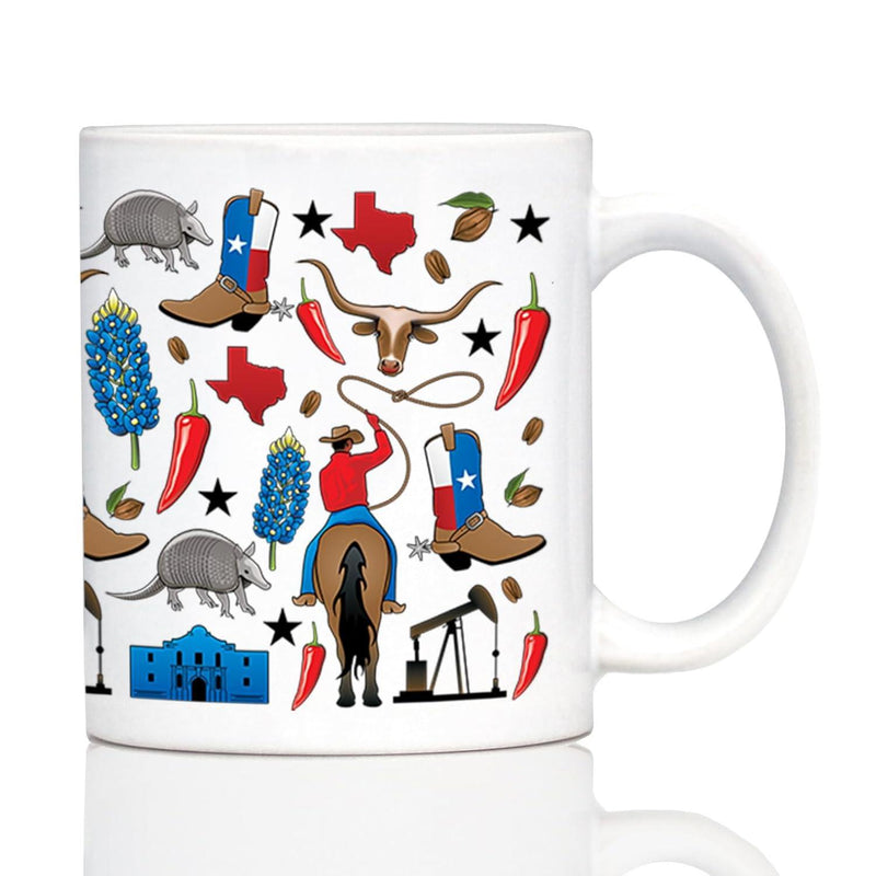 Tailorly White Ceramic 11 oz Mug - Western Texas Heritage Icons With Cowboy Boots Longhorn And Lone Star Pattern