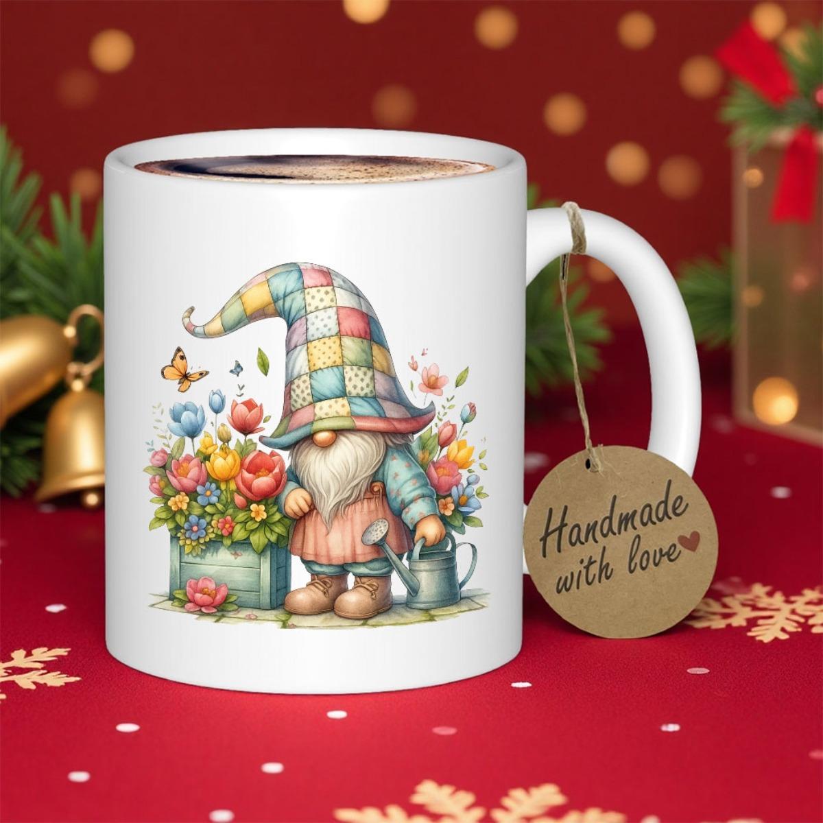 Tailorly White Ceramic 11 oz Mug - Handmade With Love Colorful Plaid Hat Tending Vibrant Flowers In Spring Sunlight Gnome