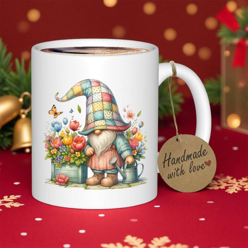 Tailorly White Ceramic 11 oz Mug - Handmade With Love Colorful Plaid Hat Tending Vibrant Flowers In Spring Sunlight Gnome