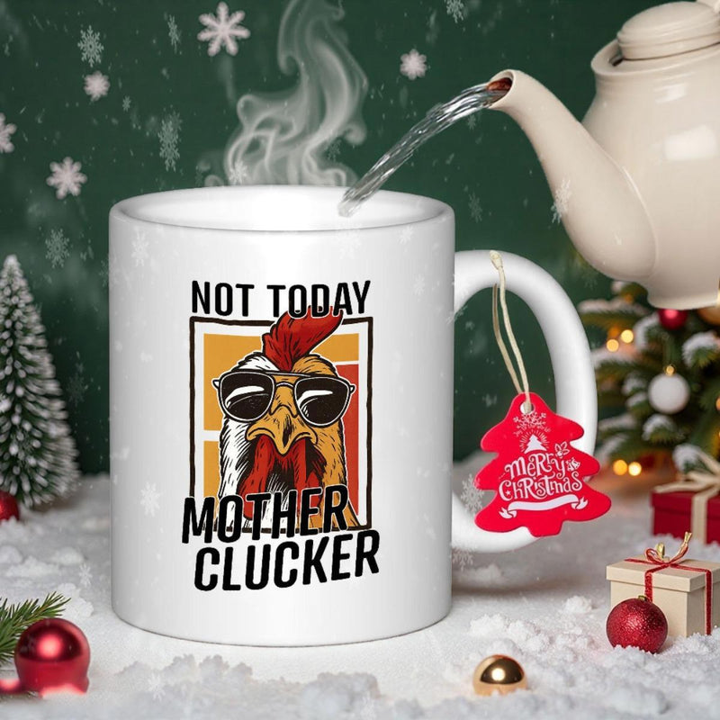 Tailorly White Ceramic 11 oz Mug - Not Today Mother Clucker Funny Cartoon Rooster Wearing Cool Black Sunglasses Against Vintage Sunset Chicken