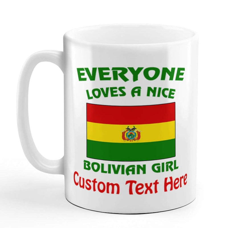Tailorly White Ceramic 11 oz Mug - Everyone Loves A Nice Bolivian Girl Custom Text Here Vibrant Horizontal Stripes With Crest Representing The Bolivian Nation Mug