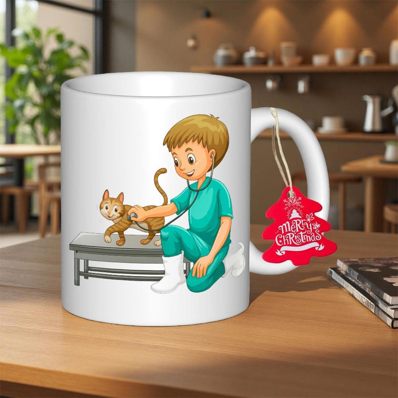 Tailorly White Ceramic 11 oz Mug - Merry Christmas A Cartoon Veterinarian With A Stethoscope Examining A Small Pet Cat Veterinarian