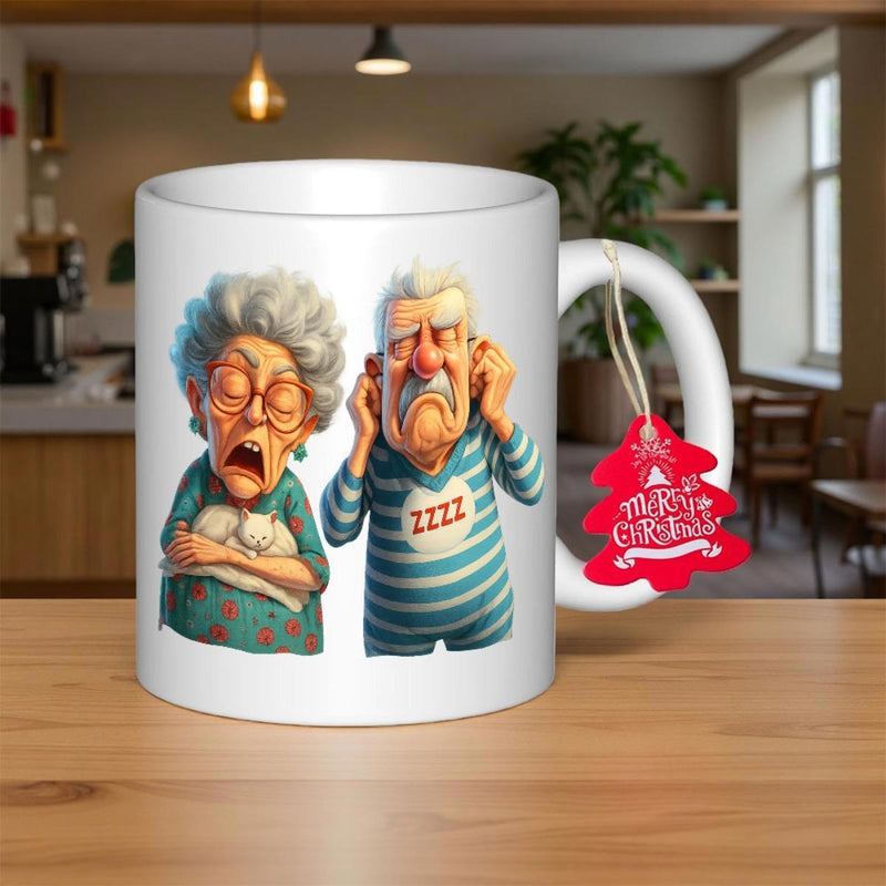 Tailorly White Ceramic 11 oz Mug - Merry Christmas Zzzz Funny Caricature Of Elderly Couple Snoring And Covering Their Ears Couple