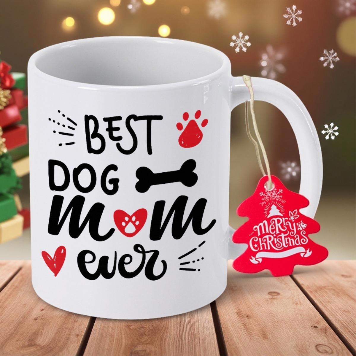 Tailorly White Ceramic 11 oz Mug - Best Dog Mom Ever Handcrafted Lettering With Playful Red Hearts And Black Bone Ornaments Mug
