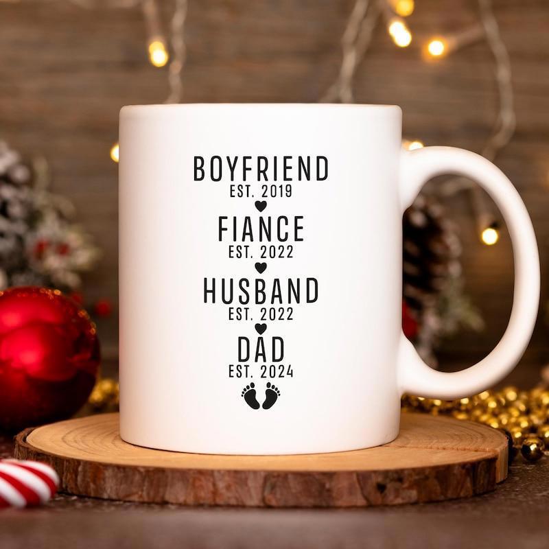 Tailorly White Ceramic 11 oz Mug - Boyfriend Fiance Husband Dad Minimalist Tiny Hearts With Small Baby Footprints On A Pure