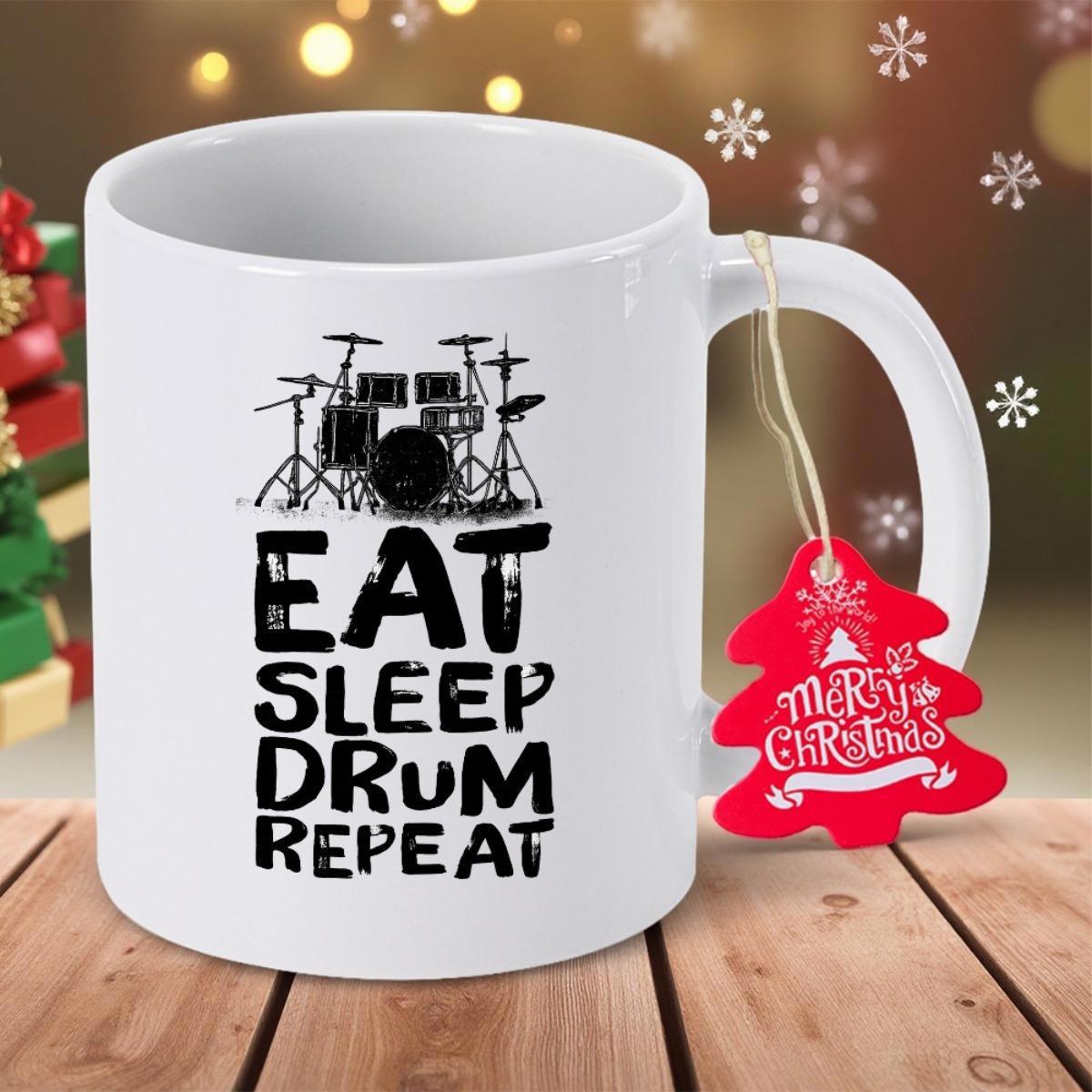Tailorly White Ceramic 11 oz Mug - Eat Sleep Drum Repeat Detailed Black Silhouette Of Musical Percussion Instruments Set On A Stage Drumset
