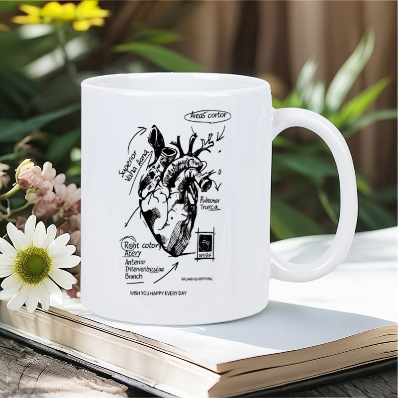 Tailorly White Ceramic 11 oz Mug - Wish You Happy Every Day Detailed Anatomical Organ Showing Intricate Vessels And Valves In Vintage Sketch Heart