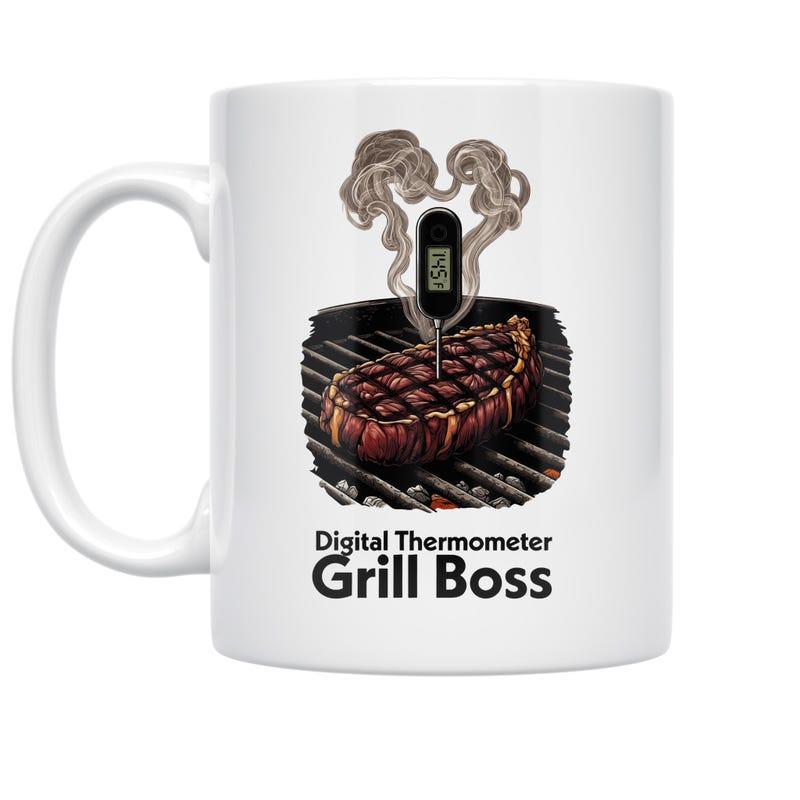 Tailorly White Ceramic 11 oz Mug - Digital Thermometer Grill Boss Sizzling Juicy Piece Of Meat Cooking Over A Hot Metal Grill Steak