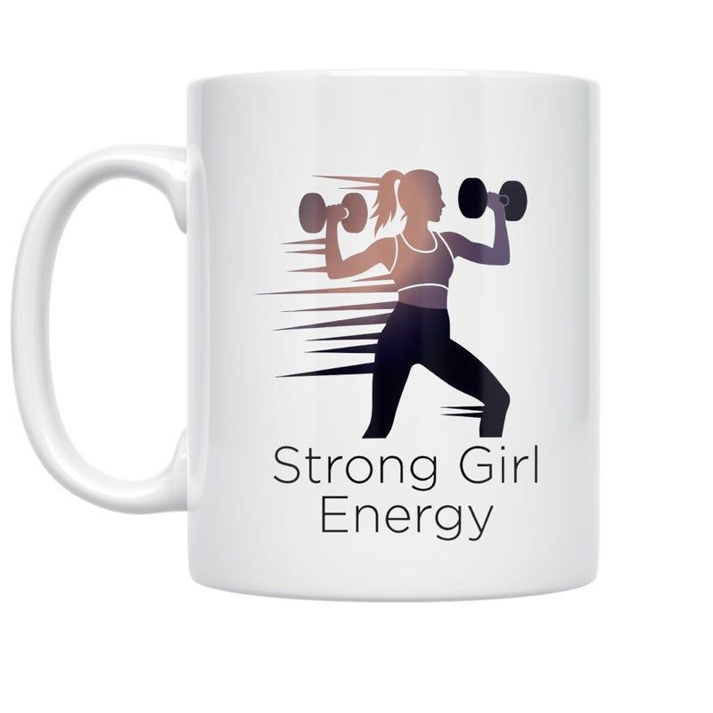 Tailorly White Ceramic 11 oz Mug - Strong Girl Energy Powerful Silhouette Lifting Heavy Dumbbells With Speed Lines Depicting Motion Girl