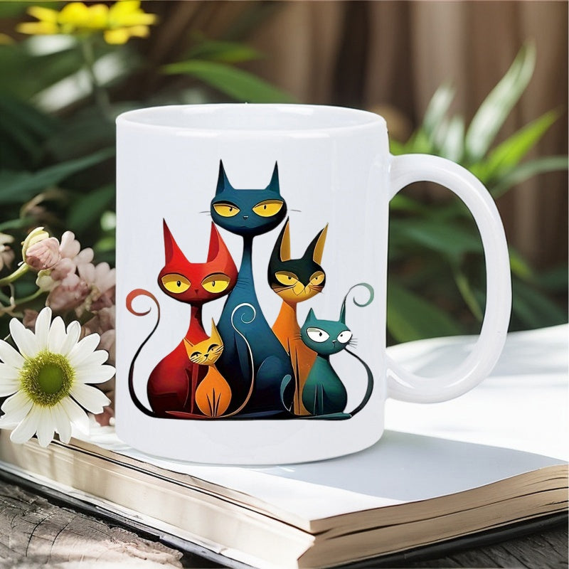 Tailorly White Ceramic 11 oz Mug - Colorful Mid Century Modern Style Feline Family Sitting Together In Artistic Pose Cats