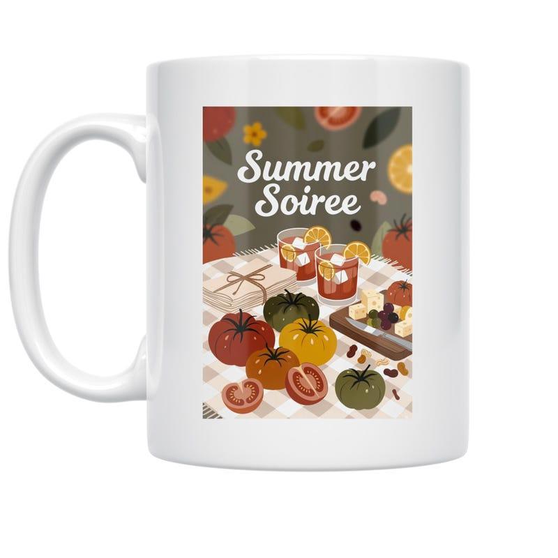 Tailorly White Ceramic 11 oz Mug - Summer Soiree Vibrant Garden Table With Fresh Tomatoes And Sliced Cocktails Illustration