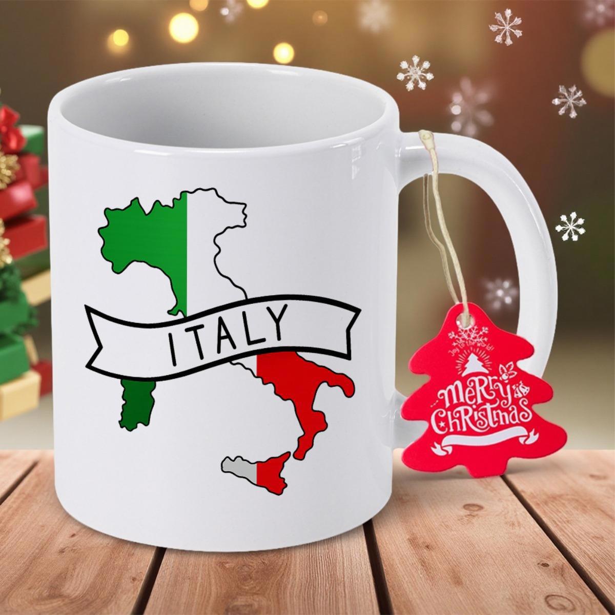 Tailorly White Ceramic 11 oz Mug - Italy Merry Christmas Vibrant National Flag Colors Within A Detailed Silhouette Italy