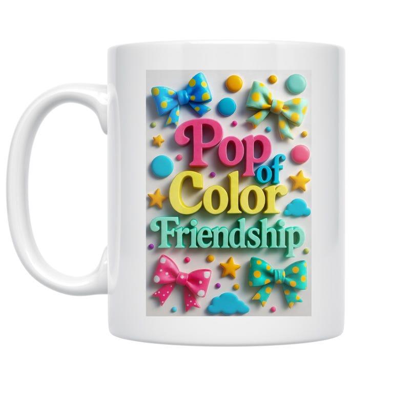 Tailorly White Ceramic 11 oz Mug - Pop Of Color Friendship Vibrant 3D Texture Featuring Polka Dot Patterns And Whimsical Colorful Bow