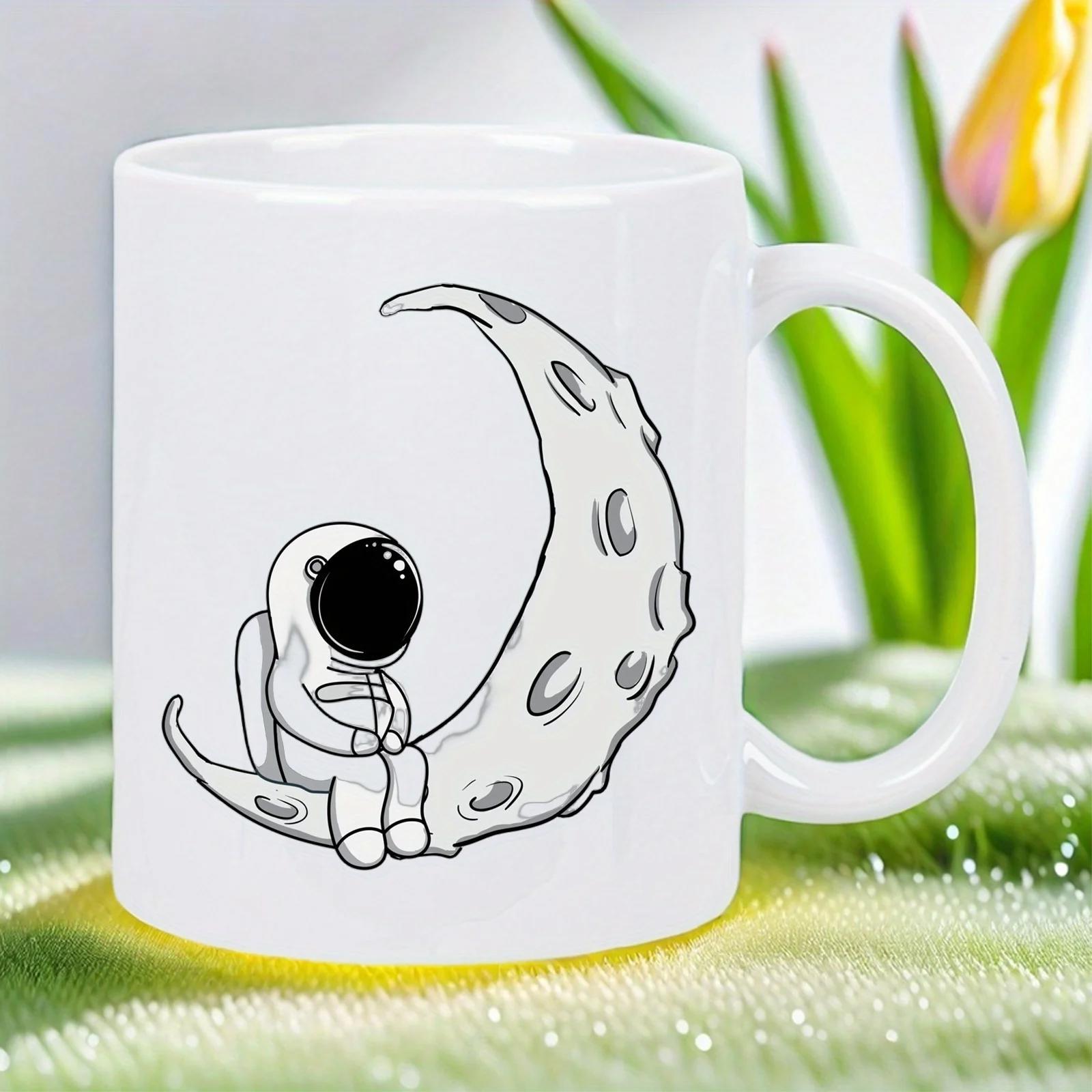 Tailorly White Ceramic 11 oz Mug - Minimalist Line Art Illustration Sitting Peacefully On A Crescent Moon Astronaut