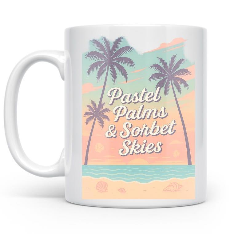 Tailorly White Ceramic 11 oz Mug - Pastel Palms Sorbet Skies Tropical Beach Scene With Tall Palm Trees Over Soft Pastel Ocean Palm