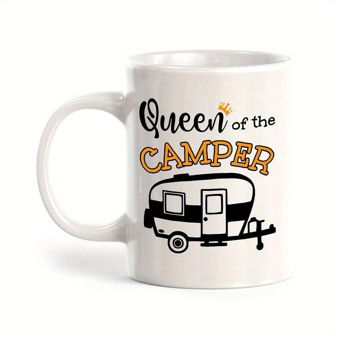Tailorly White Ceramic 11 oz Mug - Queen Of The Camper Vintage Travel Trailer With Tiny Crown Under Artistic Script Lettering Camper