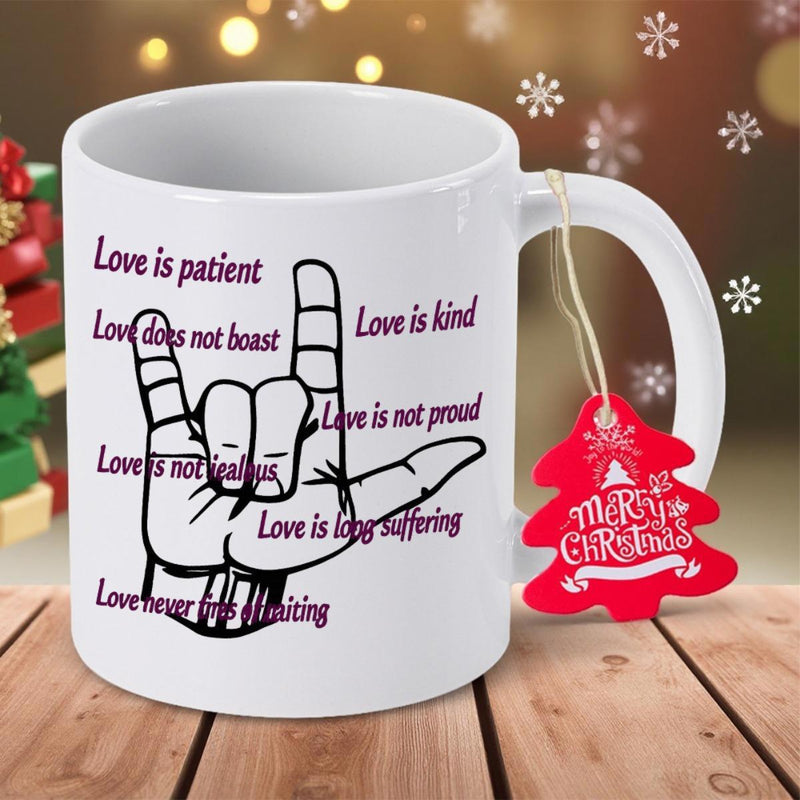 Tailorly White Ceramic 11 oz Mug - Love Is Patient Love Is Kind Black Line Art Gesturing I Love You In Sign Language Hand