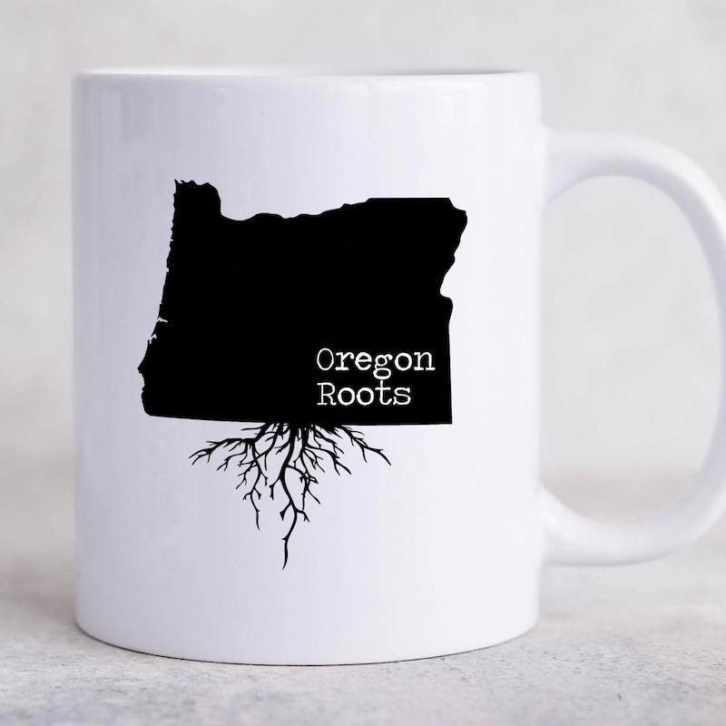 Tailorly White Ceramic 11 oz Mug - Oregon Roots Silhouette Of The State Outline With Detailed Branching Organic Tree Roots Map