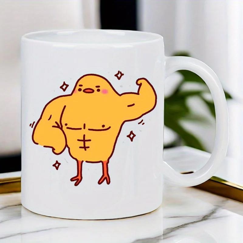 Tailorly White Ceramic 11 oz Mug - Buff Yellow Cartoon Bird With Strong Muscular Body And Sparkling Stars Chick