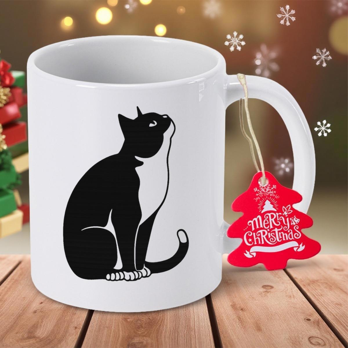 Tailorly White Ceramic 11 oz Mug - Merry Christmas Artistic Minimalist Black And White Sitting Tuxedo Looking Up Curiously Cat