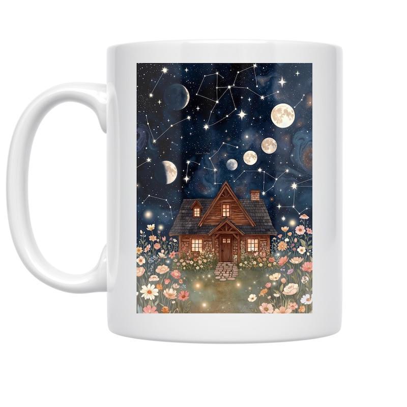 Tailorly White Ceramic 11 oz Mug - Whimsical Wooden Cottage Under Starry Celestial Sky With Moon Phases House