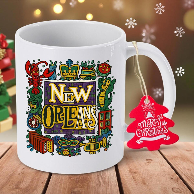 Tailorly White Ceramic 11 oz Mug - New Orleans Colorful Festive Cultural Icons With Musical Instruments And Local Wildlife Illustration