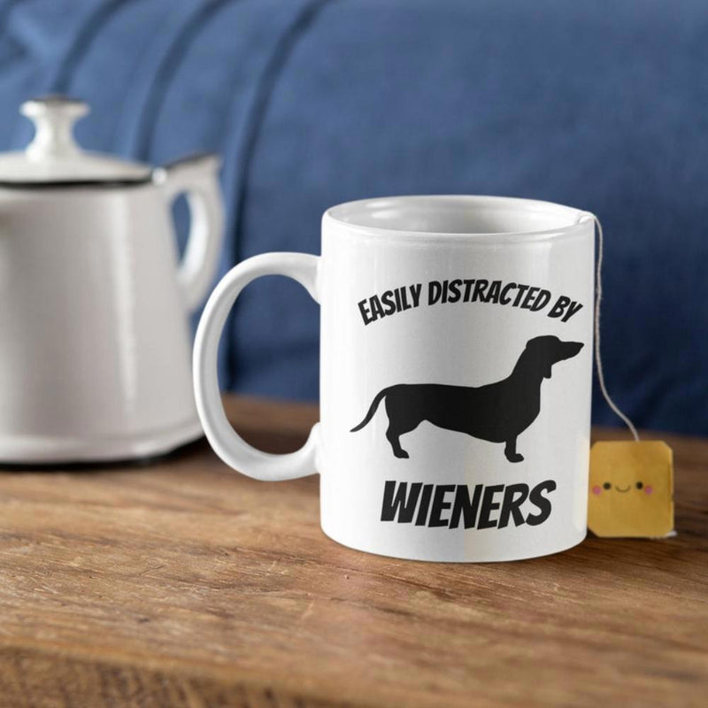 Tailorly White Ceramic 11 oz Mug - Easily Distracted By Wieners Minimalist Black Silhouette Of A Playful Long Bodied Wiener Dog Dachshund