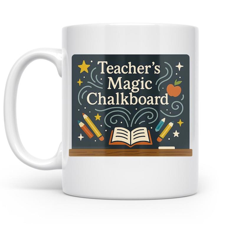 Tailorly White Ceramic 11 oz Mug - Teacher's Magic Chalkboard Illustrative School Supplies Featuring An Open Book Pencils And Stars Chalkboard
