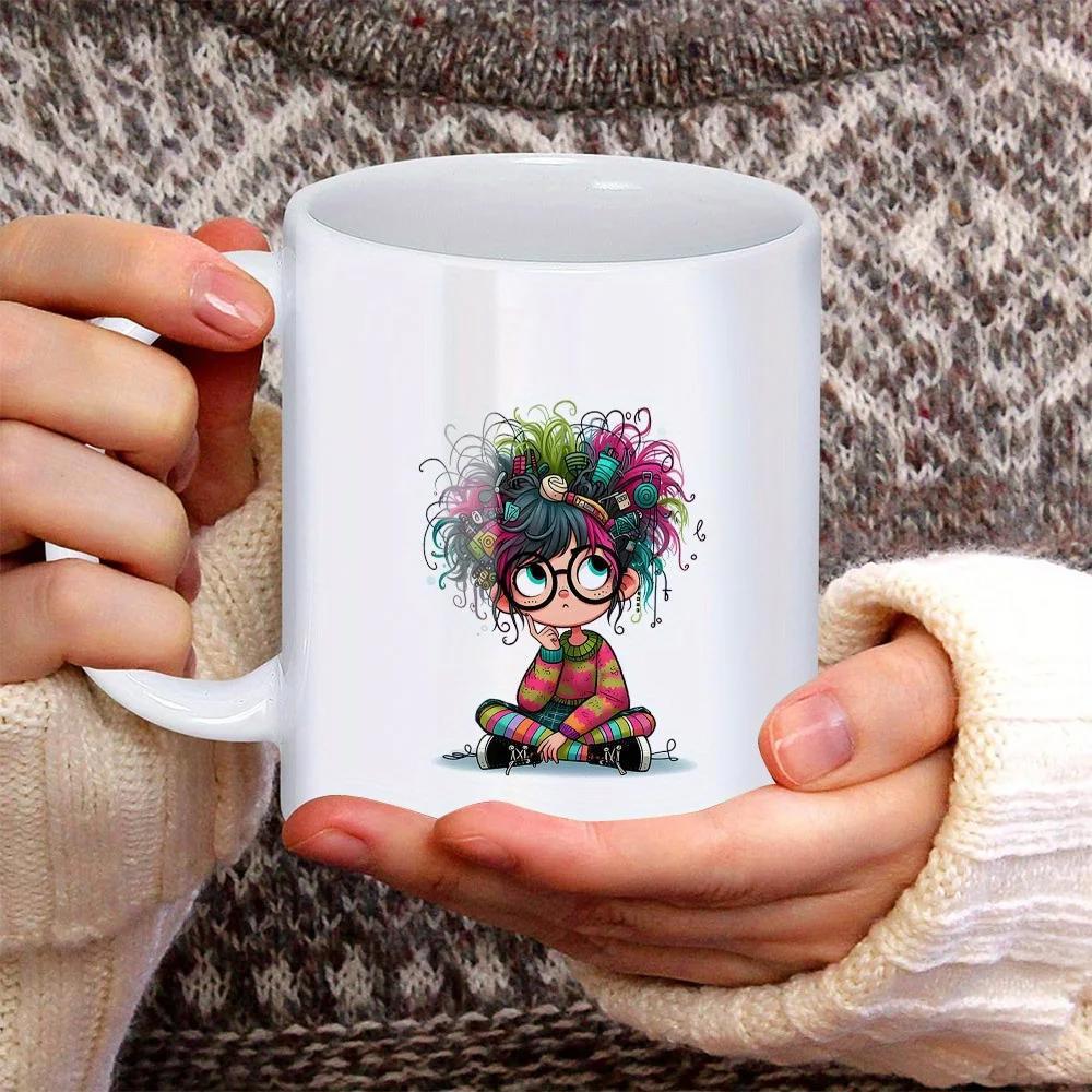 Tailorly White Ceramic 11 oz Mug - Whimsical Cartoon Character With Vibrant Rainbow Hair Wearing Large Round Glasses Girl