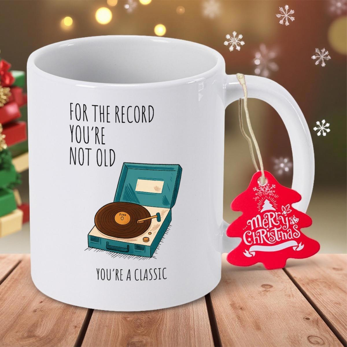 Tailorly White Ceramic 11 oz Mug - For The Record Youre Not Old Youre A Classic Vintage Portable Vinyl Record Player Spinning A Black Disc Record Player