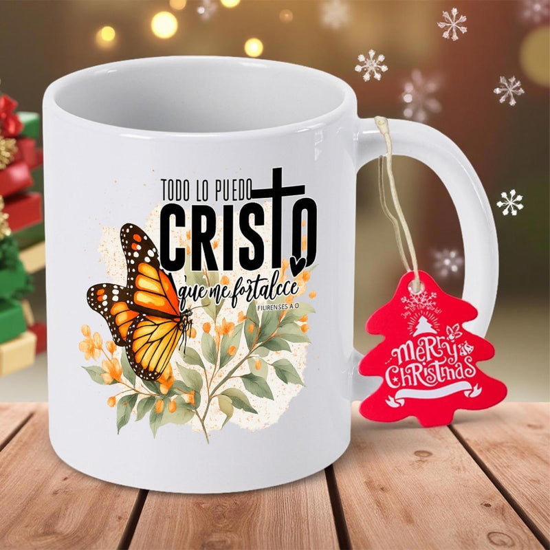 Tailorly White Ceramic 11 oz Mug - Vibrant Orange Butterfly Perched Among Artistic Green Leaves And Floral Accents Butterfly