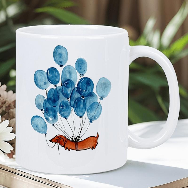 Tailorly White Ceramic 11 oz Mug - Whimsical Watercolor Wiener Dog Floating Upwards With Vibrant Blue Round Dachshund