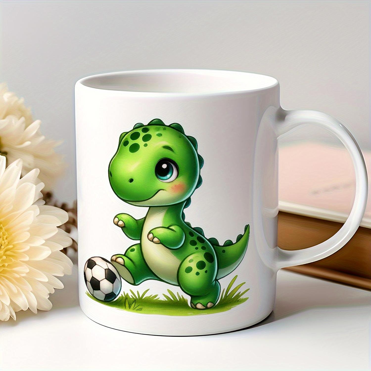 Tailorly White Ceramic 11 oz Mug - Adorable Little Green Dinosaur Kicking A Soccer Ball On Green Grass Dinosaur