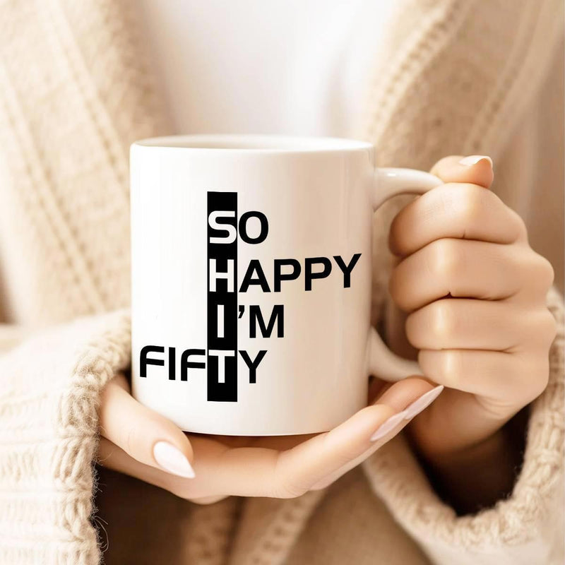 Tailorly White Ceramic 11 oz Mug - So Happy I'm Fifty Bold Minimalist Typography Design With Vertical Black Bar Element Sign