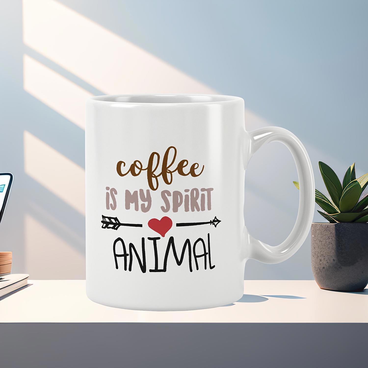 Tailorly White Ceramic 11 oz Mug - Coffee Is My Spirit Animal Minimalist Arrow Design With A Small Red Heart Icon Centered Mug
